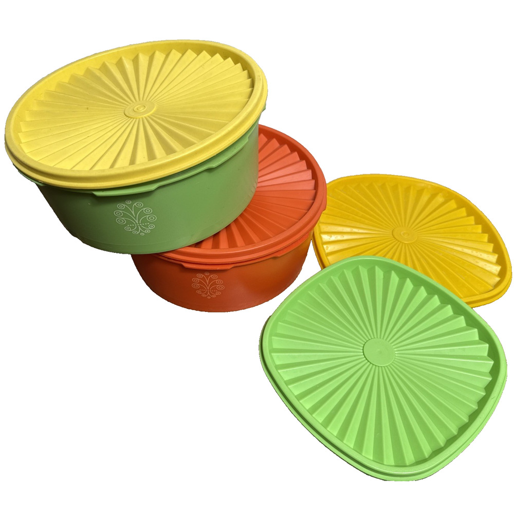 Vintage Tupperware Sunburst Servalier Bowls with Lids Extra Orange Green Yellow